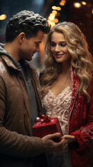 Young beautiful couple with gift box in red wrapping paper outdoor in snowy winter evening.