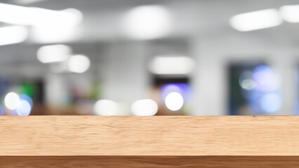 Wood table top on blur shopping mall or office background, product display montage