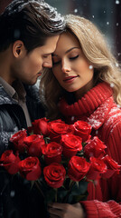 Portrait of young beautiful couple outdoor in snowy winter day. Woman with bouquet of red roses.