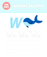 Writing practice book page, vector alphabet cartoon template, education for kids, preschool learning concept, doodle W letter typographic sign shape isolated icon, elementary school quiz for children.