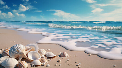 Obraz premium Serene Beach Scene with an Artistic Collection of Shells - A Calm Coastal Moment
