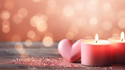 Pink romantic burning candle, valentine's day illustration banner - obrazy, fototapety, plakaty