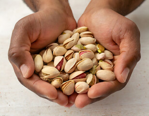 Cupped hands holding pistachio nuts