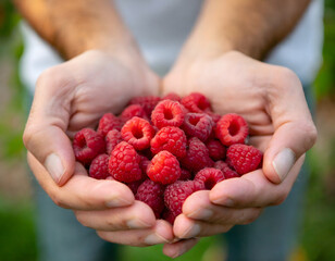 Cupped hands holding raspberries