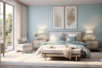 Cozy blue bedroom with modern interior, comfortable bed, lamp over bedside table.