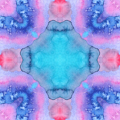 Blue and violet Mandala watercolor kaleidoscope pattern. Hand drawn abstract background. Decorative tile textile print element.