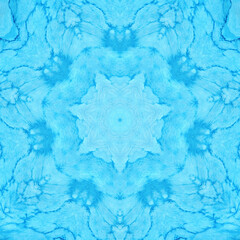 Fototapeta na wymiar Blue Mandala watercolor kaleidoscope pattern. Hand drawn abstract background. Decorative tile textile print element.