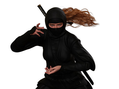 A red-haired female ninja in battle stance  on transparent background. Traditional ninja style. 3d illustration.