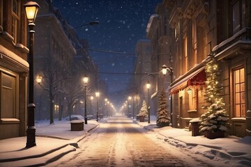 Perspective of a city street covered with snow, glowing lanterns, falling snow.