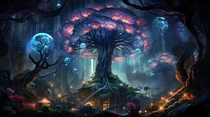 A colossal, alien tree with luminescent flowers in a vibrant, extraterrestrial forest.