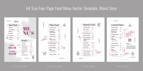Restaurant cafe menu, template design, A4 size four page food menu template, Bleed 3mm