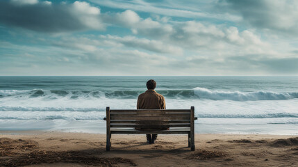 Deep in Thought by the Ocean - A Moment of Solitude on a Seaside Bench