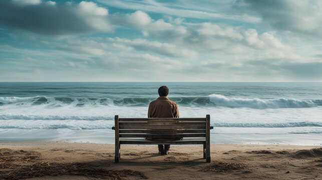Deep in Thought by the Ocean - A Moment of Solitude on a Seaside Bench