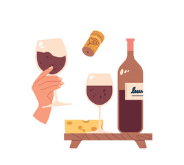 Graceful Hand Cradles A Wineglass Beside An Elegant Wine Bottle Standing on Wooden Tray with a Piece of Cheese