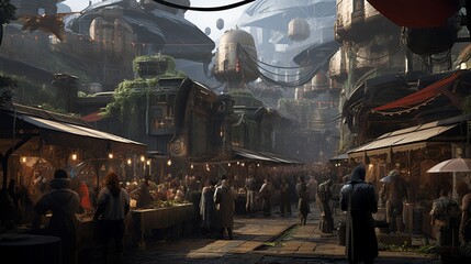 A bustling futuristic marketplace with a mix of human and alien vendors.