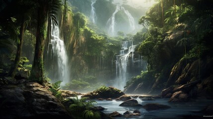 A cascading waterfall hidden deep within a lush, tropical jungle.