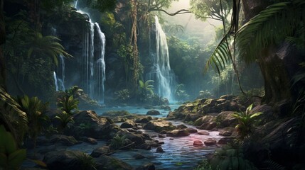 A cascading waterfall hidden deep within a lush, tropical jungle. - obrazy, fototapety, plakaty