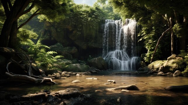 Blurred Motion Waterfall in Lush Forest with Flowing Water
