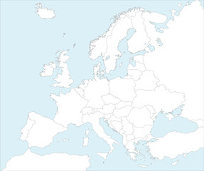 Gray CMYK national map of MALTA inside detailed white blank political map of European continent on blue background using Mollweide projection