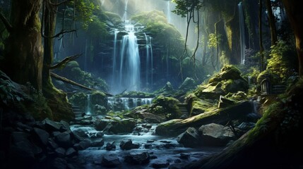 A cascading waterfall in the middle of a dense, mystical forest.