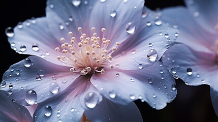 A close-up of raindrops glistening on the petals of a delicate, dew-kissed flower.