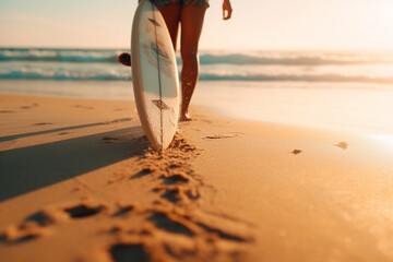 Surfer girl with surfboard on the beach at sunset. Healthy lifestyle concept
 - Powered by Adobe