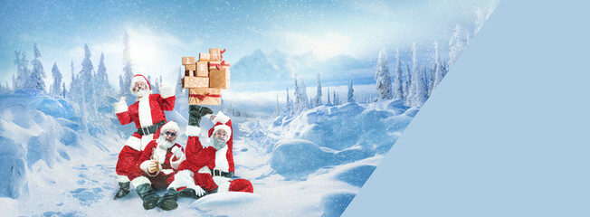 Creative banner with Santa Clauses holding present boxes, gifts over snowy forest background....