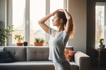 Side view of a young woman in sportswear doing yoga at home
