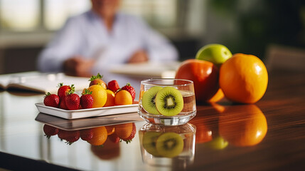 Healthy eating, dieting, vegetarian food and people concept - close up of fruits on table at home
