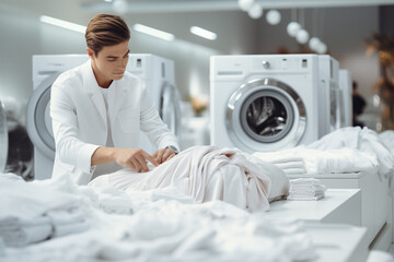Man in white shirt putting clothes into washing machine in laundromat