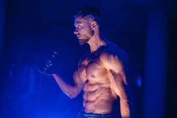 A Strong and Fit Man Holding a Pair of Dumbbells. A shirtless man holding a pair of dumbs