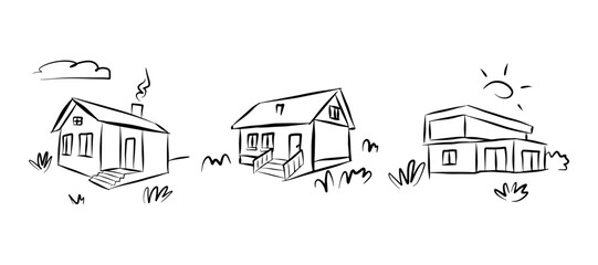 Doodle line art houses. Vacation home, suburban area and hand dwawn housing market branding vector illustration set of building estate line, house outline graphic. - obrazy, fototapety, plakaty