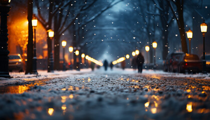 Snowfall in the city. People walking on the city street at night.
