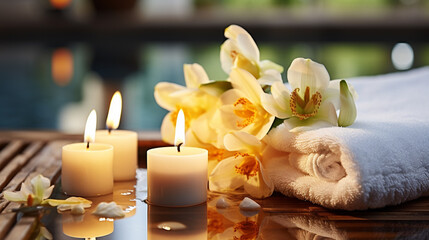 Fototapeta na wymiar Beautiful spa composition with candles and flowers on wooden table, closeup 