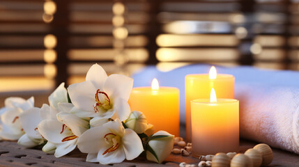 Beautiful spa composition with candles and flowers on wooden table, closeup

