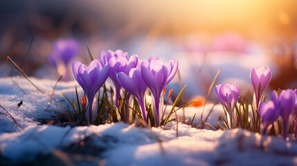Beautiful crocus flowers in the mountains at sunset. First spring flowers.
