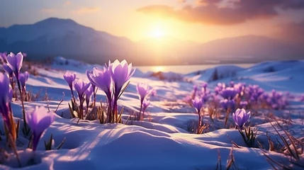 Poster Beautiful crocus flowers in the mountains at sunset. First spring flowers.  © MFlex