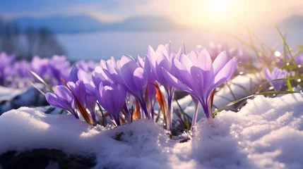  Beautiful crocus flowers in the mountains at sunset. First spring flowers.  © MFlex