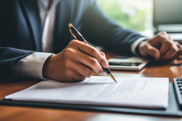 Businessman signing a contract or agreement with a pen. Business and finance concept.