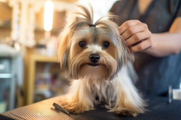 Grooming of a Yorkshire Terrier in a beauty salon. 
