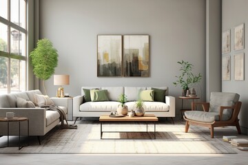 Poster above grey sofa in simple living room interior.