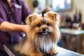Cute little dog at grooming salon. Shallow depth of field.