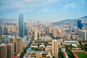 Fototapeta premium panoramic view from the height of the megalopolis with skyscrapers