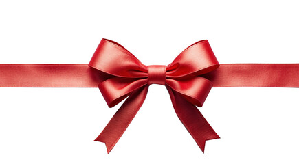 red gift present ribbon with bow in center, top view, isolated on transparent background, PNG