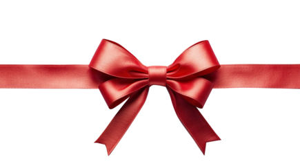 red gift present ribbon with bow in center, top view, isolated on transparent background, PNG