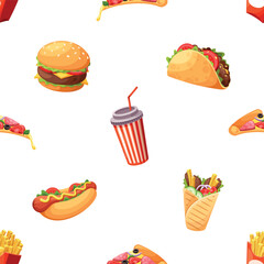 Seamless Pattern Featuring Delightful Array Of Colorful And Appetizing Fast Food Items, Including Burger, Fries, Hot Dog