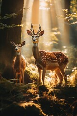 A couple of deer standing next to each other in a forest