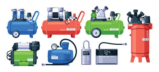 Air Compressors Vector Set. Mechanical Devices That Increase Air Pressure, Converting Power Into Potential Energy - obrazy, fototapety, plakaty