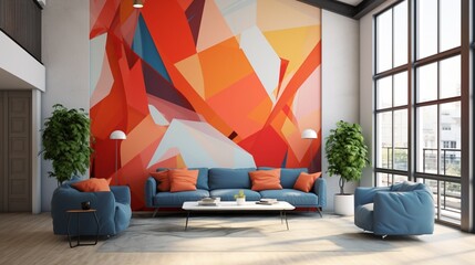A contemporary living room adorned with a 3D wall mockup exhibiting an abstract art piece with vibrant geometric shapes.
