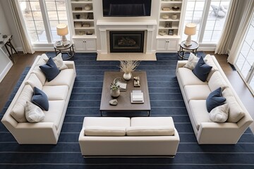 Beautiful living room interior with rug and fireplace in new luxury home. Large bank of windows hints at exterior view - obrazy, fototapety, plakaty